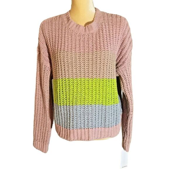 Eyeshadow Colorblock Chunky Knit Sweater‎ Pink Green Blue Striped Size L - Picture 1 of 8